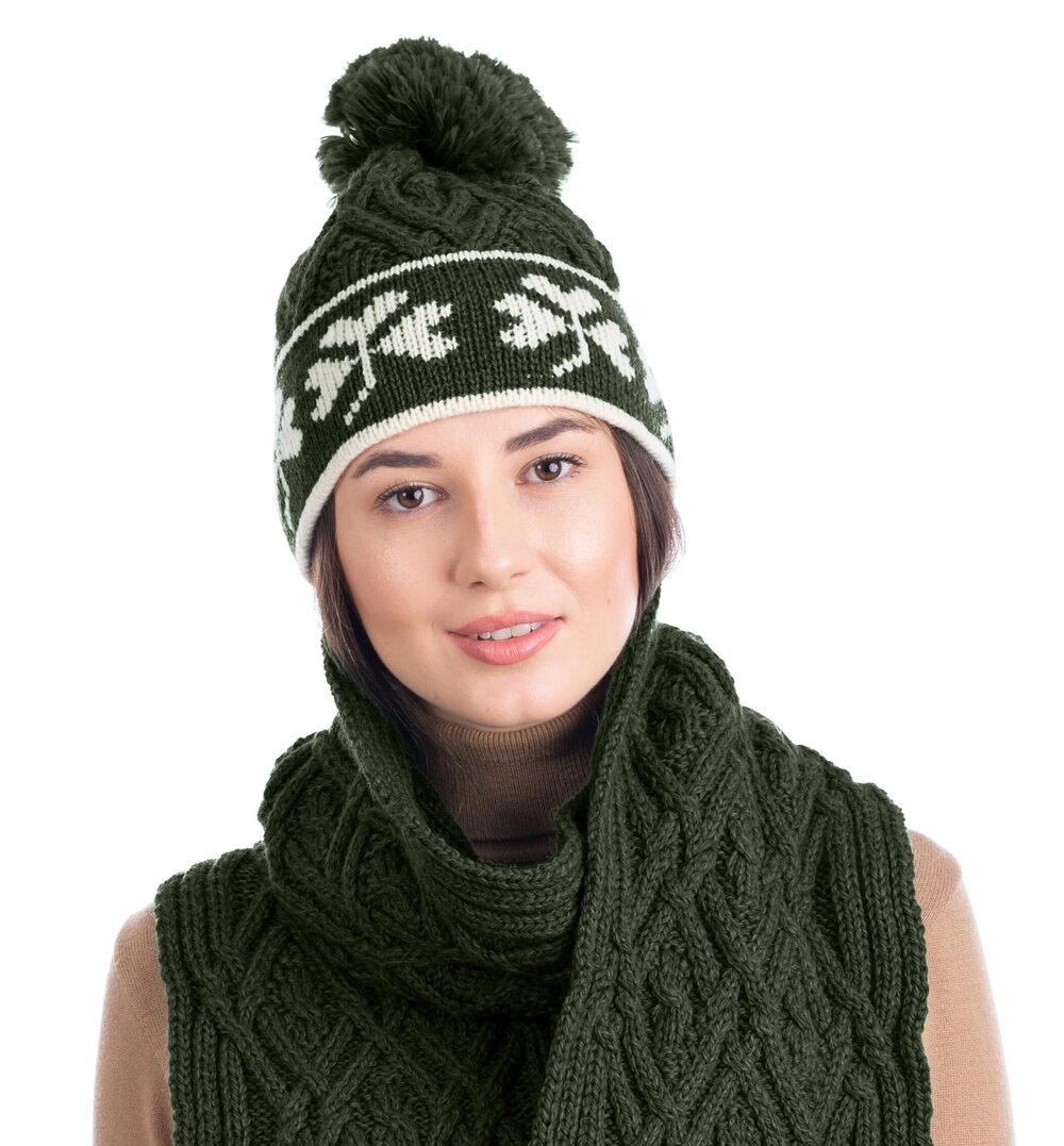 8515 100% Merino Wool - Irish Shamrock Hat Aran Knit Beanie Pom Pom Style